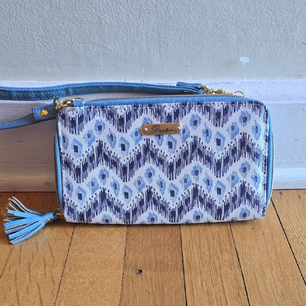 NWOT, Buxton Ikat Print Double-Zip Crossbody Organizer Wallet, Cream/Blue